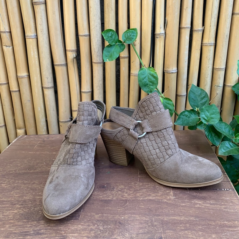 Brown open heel chunky heel boots